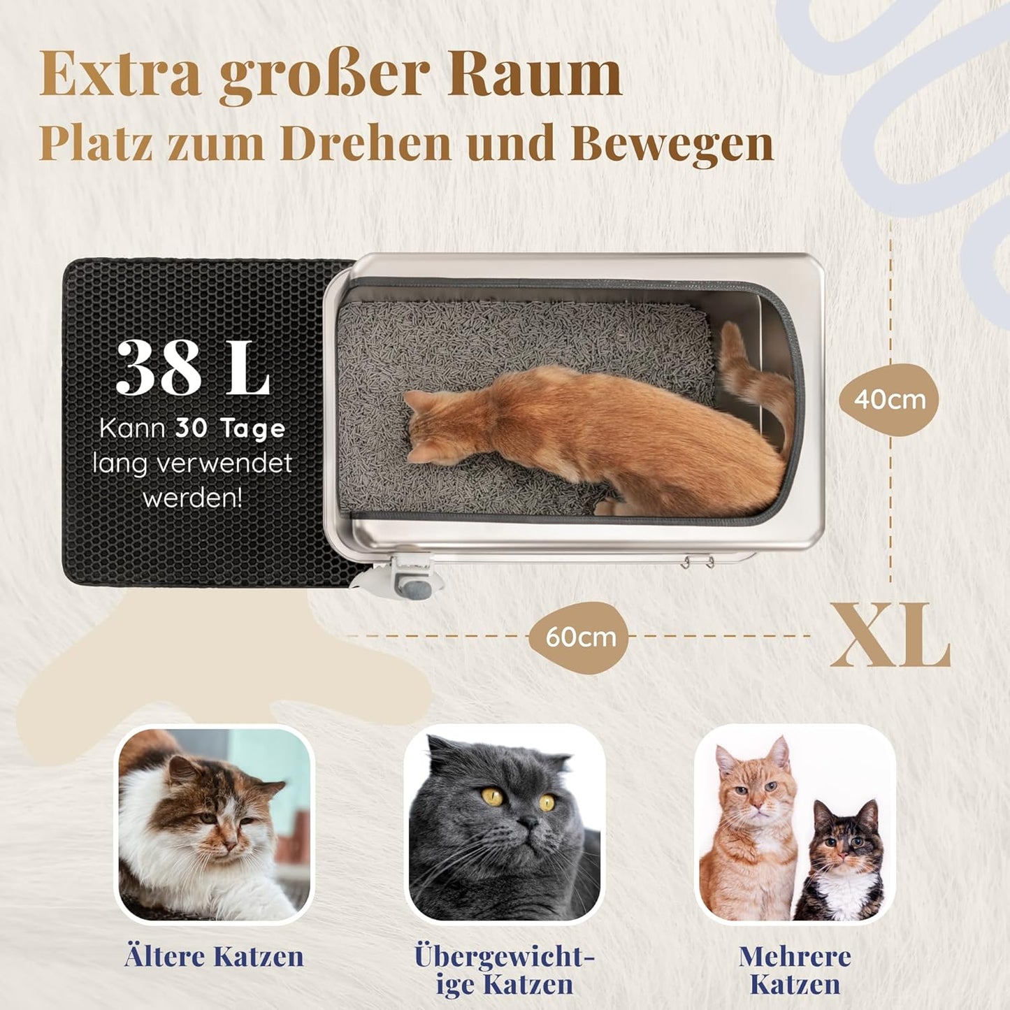 Bac à litière en acier inoxydable XXL–Facile à nettoyer, résistant aux odeurs–Bac à litière pour chat en acier inoxydable avec rebord haut–38L Capacité–Étanche et antiadhésif–Avec cuillère et tapis
