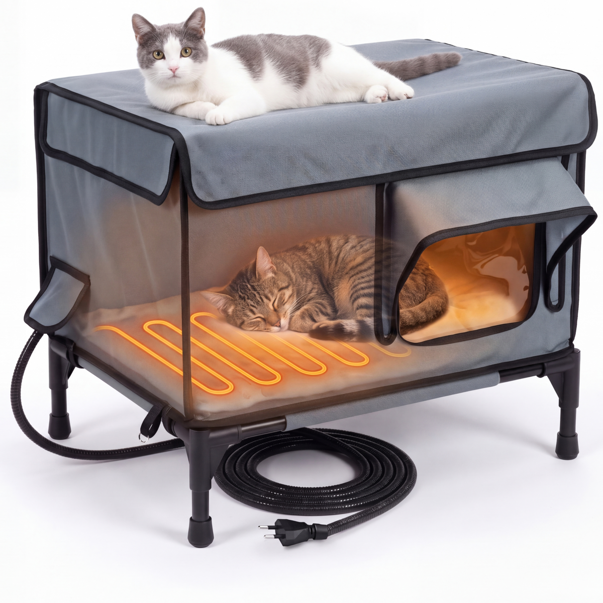 Kattenhuis voor Buiten – Verwarmd, Geïsoleerd & Regenbestendig – Kattenhuis Buiten met Verhoogde Basis Priorpet® – 53x43x33 cm