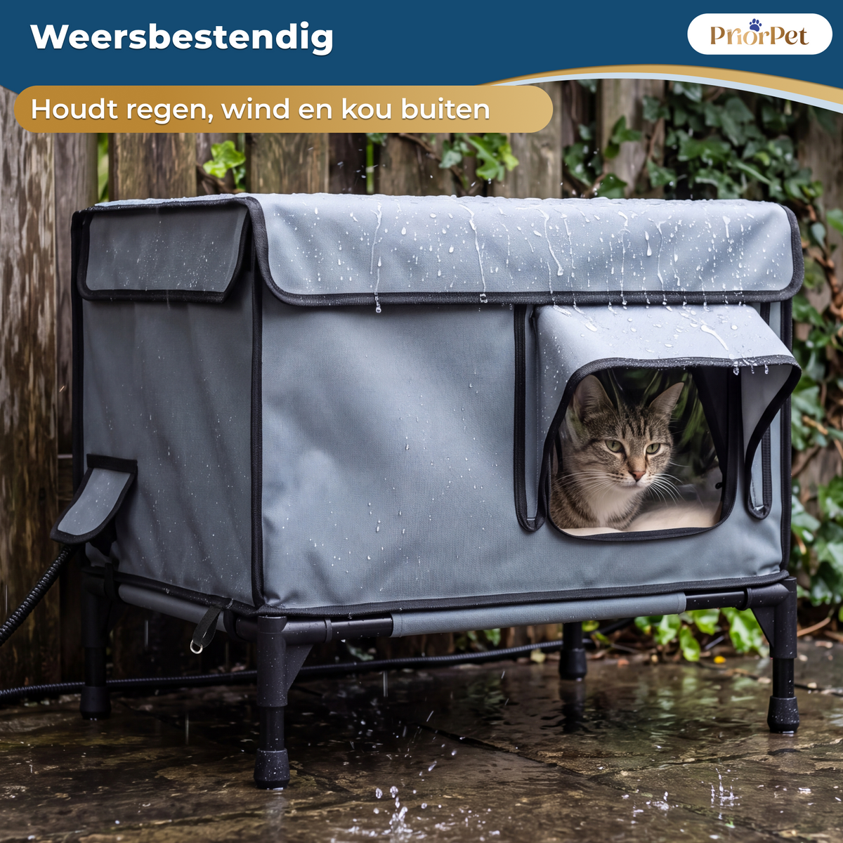Kattenhuis voor Buiten – Verwarmd, Geïsoleerd & Regenbestendig – Kattenhuis Buiten met Verhoogde Basis Priorpet® – 53x43x33 cm