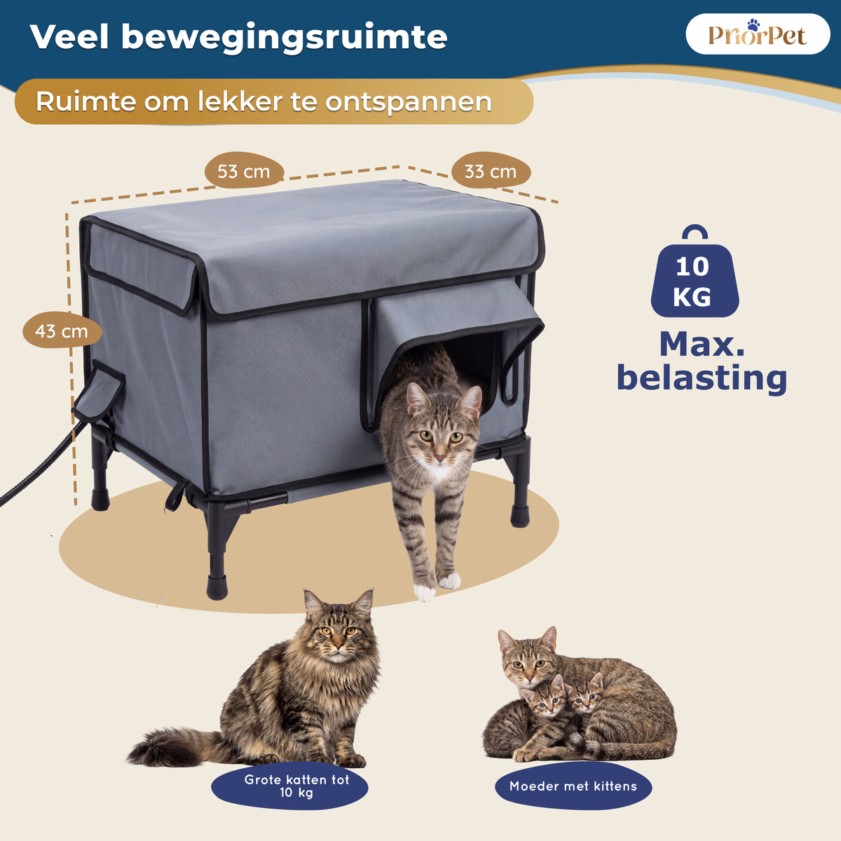 Kattenhuis voor Buiten – Verwarmd, Geïsoleerd & Regenbestendig – Kattenhuis Buiten met Verhoogde Basis Priorpet® – 53x43x33 cm