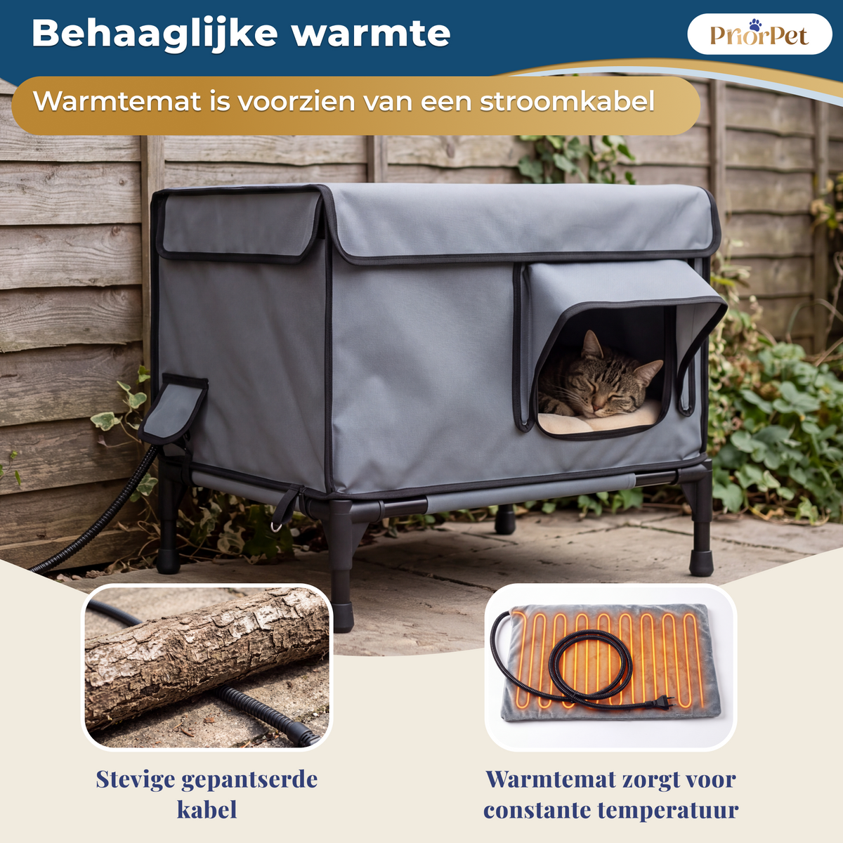 Kattenhuis voor Buiten – Verwarmd, Geïsoleerd & Regenbestendig – Kattenhuis Buiten met Verhoogde Basis Priorpet® – 53x43x33 cm