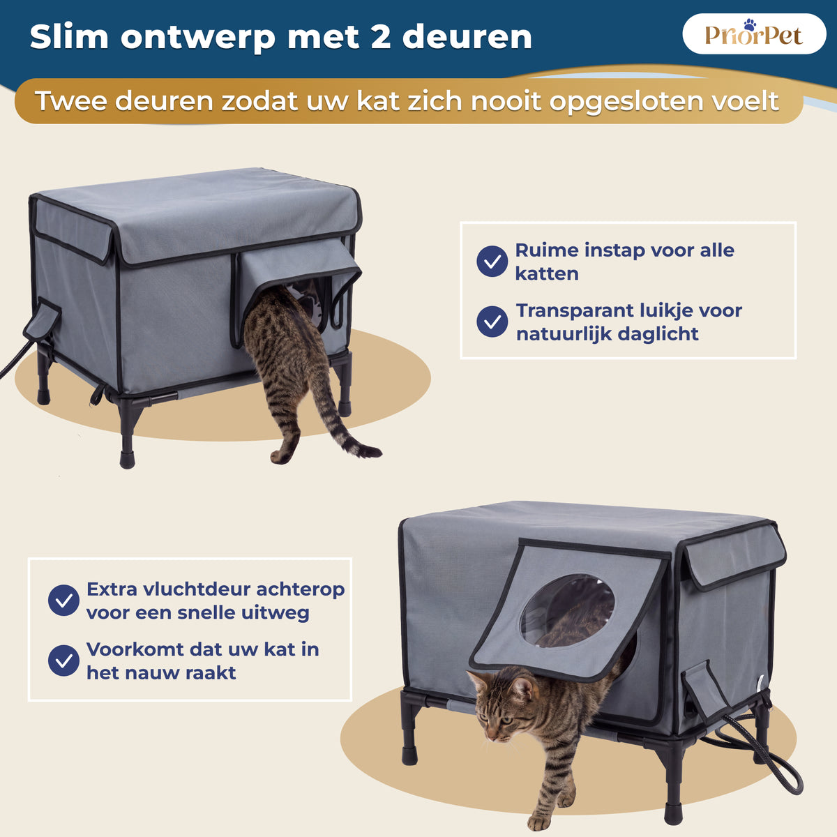 Kattenhuis voor Buiten – Verwarmd, Geïsoleerd & Regenbestendig – Kattenhuis Buiten met Verhoogde Basis Priorpet® – 53x43x33 cm