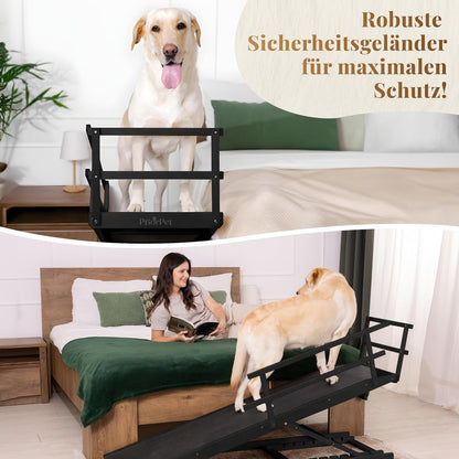 Hunderampe Bett mit Sicherheitsgeländer - Für Große Hunde bis zu 90 kg - Höhenverstellbare hundetreppe für Betten bis zu 94.5cm - Breite 49,5 cm - Klappbar - Anti-Rutsch-Griff - Birkenholz