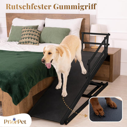 Hunderampe Bett mit Sicherheitsgeländer - Für Große Hunde bis zu 90 kg - Höhenverstellbare hundetreppe für Betten bis zu 94.5cm - Breite 49,5 cm - Klappbar - Anti-Rutsch-Griff - Birkenholz