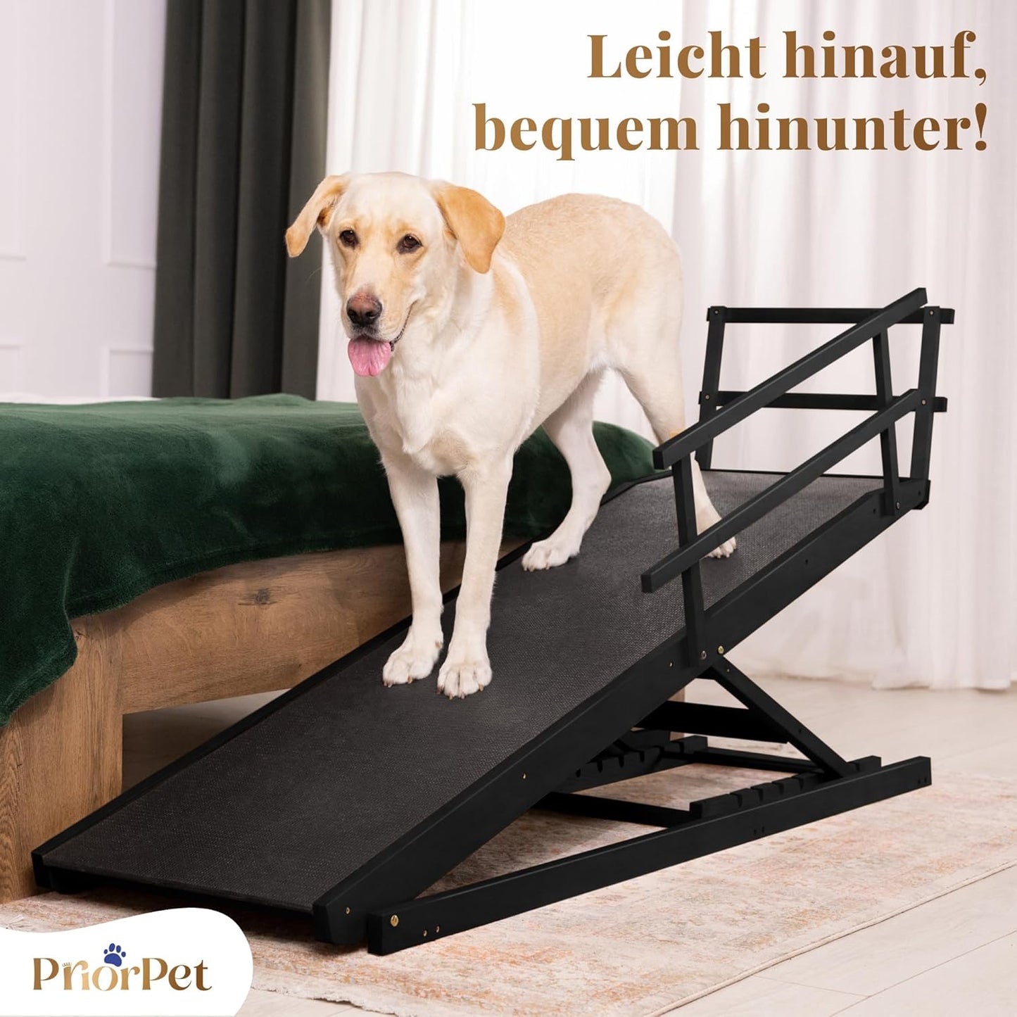 Hunderampe Bett mit Sicherheitsgeländer - Für Große Hunde bis zu 90 kg - Höhenverstellbare hundetreppe für Betten bis zu 94.5cm - Breite 49,5 cm - Klappbar - Anti-Rutsch-Griff - Birkenholz