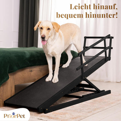 Hunderampe Bett mit Sicherheitsgeländer - Für Große Hunde bis zu 90 kg - Höhenverstellbare hundetreppe für Betten bis zu 94.5cm - Breite 49,5 cm - Klappbar - Anti-Rutsch-Griff - Birkenholz