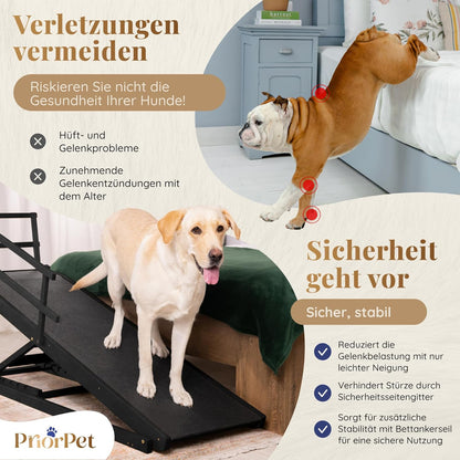 Hunderampe Bett mit Sicherheitsgeländer - Für Große Hunde bis zu 90 kg - Höhenverstellbare hundetreppe für Betten bis zu 94.5cm - Breite 49,5 cm - Klappbar - Anti-Rutsch-Griff - Birkenholz