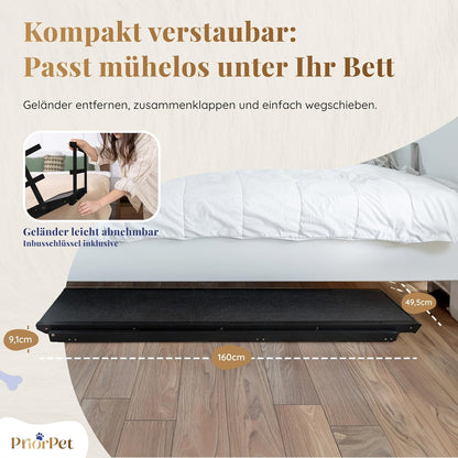 Hunderampe Bett mit Sicherheitsgeländer - Für Große Hunde bis zu 90 kg - Höhenverstellbare hundetreppe für Betten bis zu 94.5cm - Breite 49,5 cm - Klappbar - Anti-Rutsch-Griff - Birkenholz