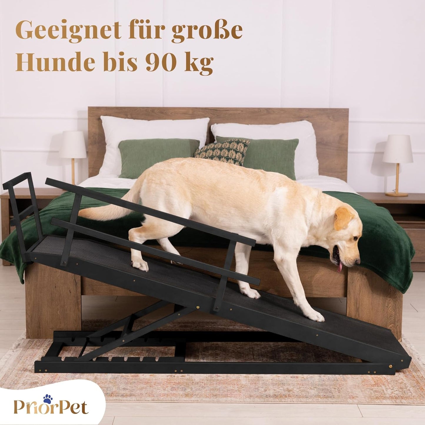 Hunderampe Bett mit Sicherheitsgeländer - Für Große Hunde bis zu 90 kg - Höhenverstellbare hundetreppe für Betten bis zu 94.5cm - Breite 49,5 cm - Klappbar - Anti-Rutsch-Griff - Birkenholz