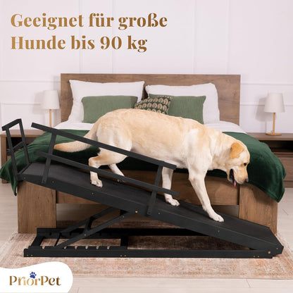 Hunderampe Bett mit Sicherheitsgeländer - Für Große Hunde bis zu 90 kg - Höhenverstellbare hundetreppe für Betten bis zu 94.5cm - Breite 49,5 cm - Klappbar - Anti-Rutsch-Griff - Birkenholz