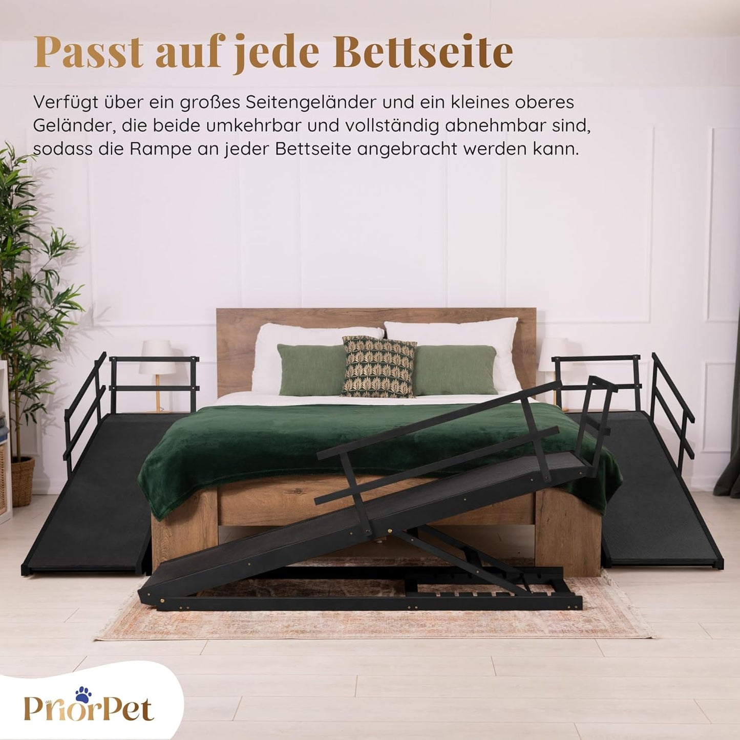 Hunderampe Bett mit Sicherheitsgeländer - Für Große Hunde bis zu 90 kg - Höhenverstellbare hundetreppe für Betten bis zu 94.5cm - Breite 49,5 cm - Klappbar - Anti-Rutsch-Griff - Birkenholz