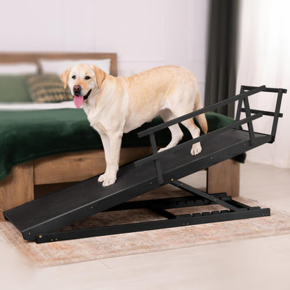 Hunderampe Bett mit Sicherheitsgeländer - Für Große Hunde bis zu 90 kg - Höhenverstellbare hundetreppe für Betten bis zu 94.5cm - Breite 49,5 cm - Klappbar - Anti-Rutsch-Griff - Birkenholz
