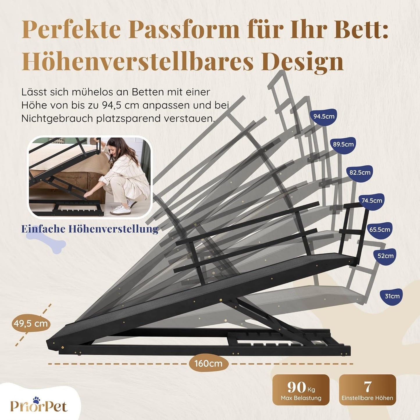 Hunderampe Bett mit Sicherheitsgeländer - Für Große Hunde bis zu 90 kg - Höhenverstellbare hundetreppe für Betten bis zu 94.5cm - Breite 49,5 cm - Klappbar - Anti-Rutsch-Griff - Birkenholz