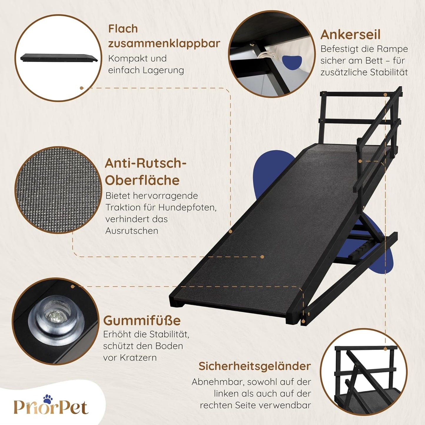 Hunderampe Bett mit Sicherheitsgeländer - Für Große Hunde bis zu 90 kg - Höhenverstellbare hundetreppe für Betten bis zu 94.5cm - Breite 49,5 cm - Klappbar - Anti-Rutsch-Griff - Birkenholz