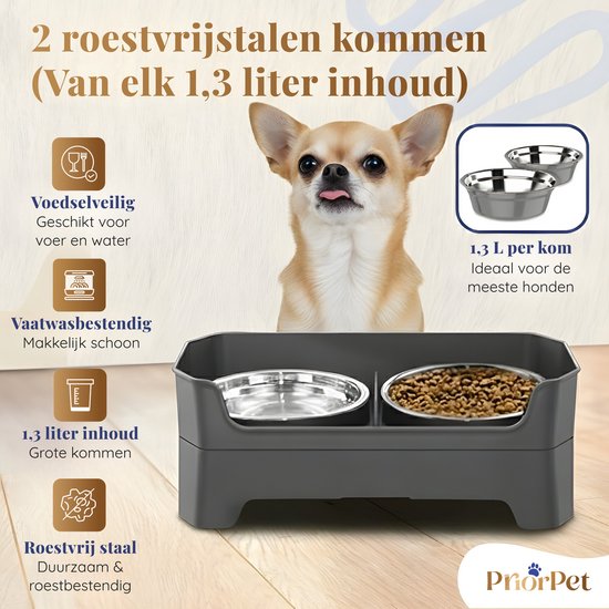 Verhoogde voerbak hond met standaard – dubbele hondenvoerbak RVS – stabiele hondenvoerbak – voerbak hond verhoogd – voerbak hond met standaard