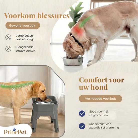 Verhoogde voerbak hond met standaard – dubbele hondenvoerbak RVS – stabiele hondenvoerbak – voerbak hond verhoogd – voerbak hond met standaard