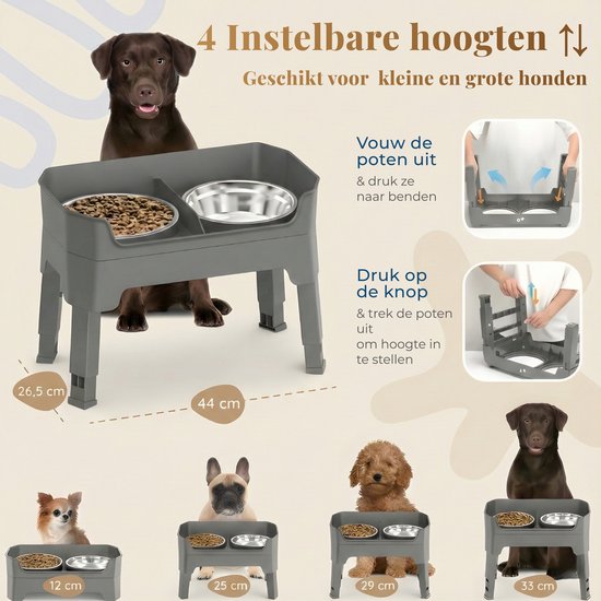Verhoogde voerbak hond met standaard – dubbele hondenvoerbak RVS – stabiele hondenvoerbak – voerbak hond verhoogd – voerbak hond met standaard