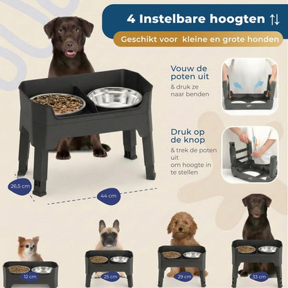 Verhoogde voerbak hond met standaard – dubbele hondenvoerbak RVS – stabiele hondenvoerbak – voerbak hond verhoogd – voerbak hond met standaard