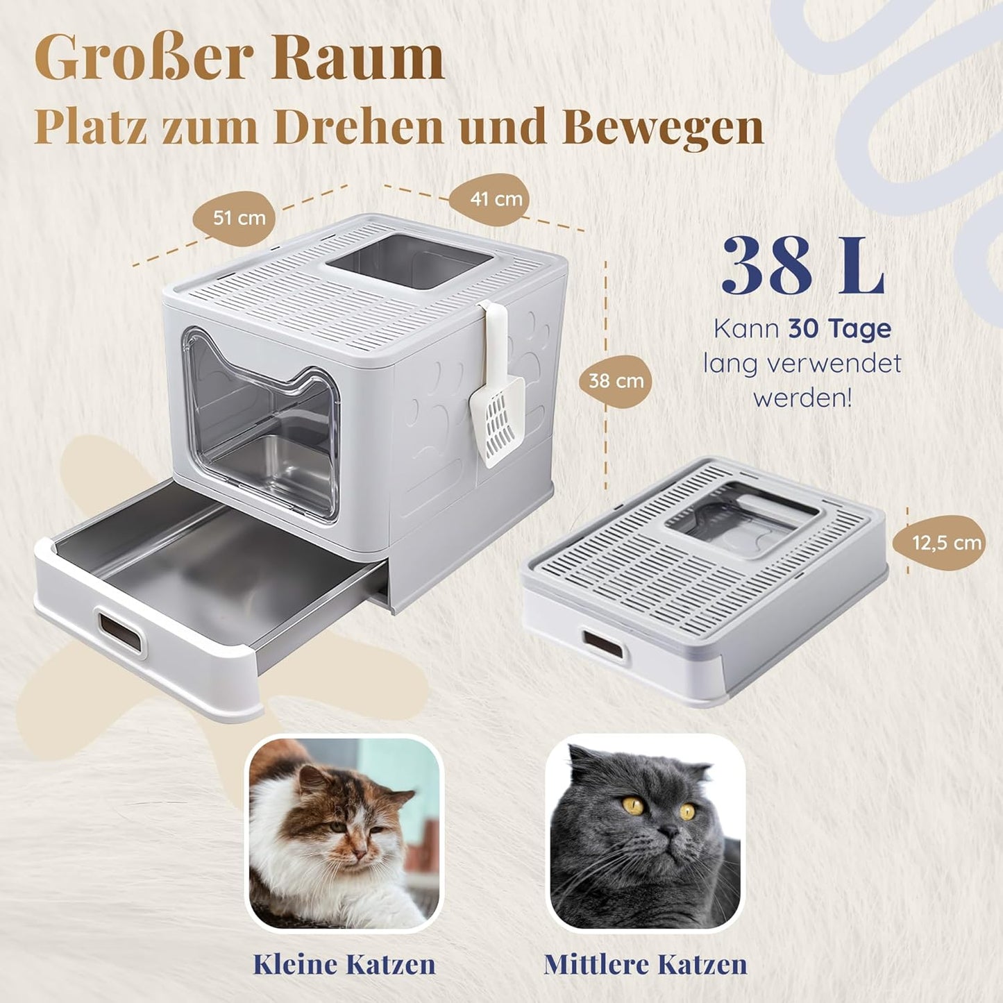 Katzenklo Edelstahl mit Deckel – Faltbare Geschlossene Katzentoilette mit Schublade – Geruchsfrei, Auslaufsicher & Leicht zu Reinigen – Doppelter Eingang/Ausgang – Mit Schaufel (38,3×51×41 cm) – Grau