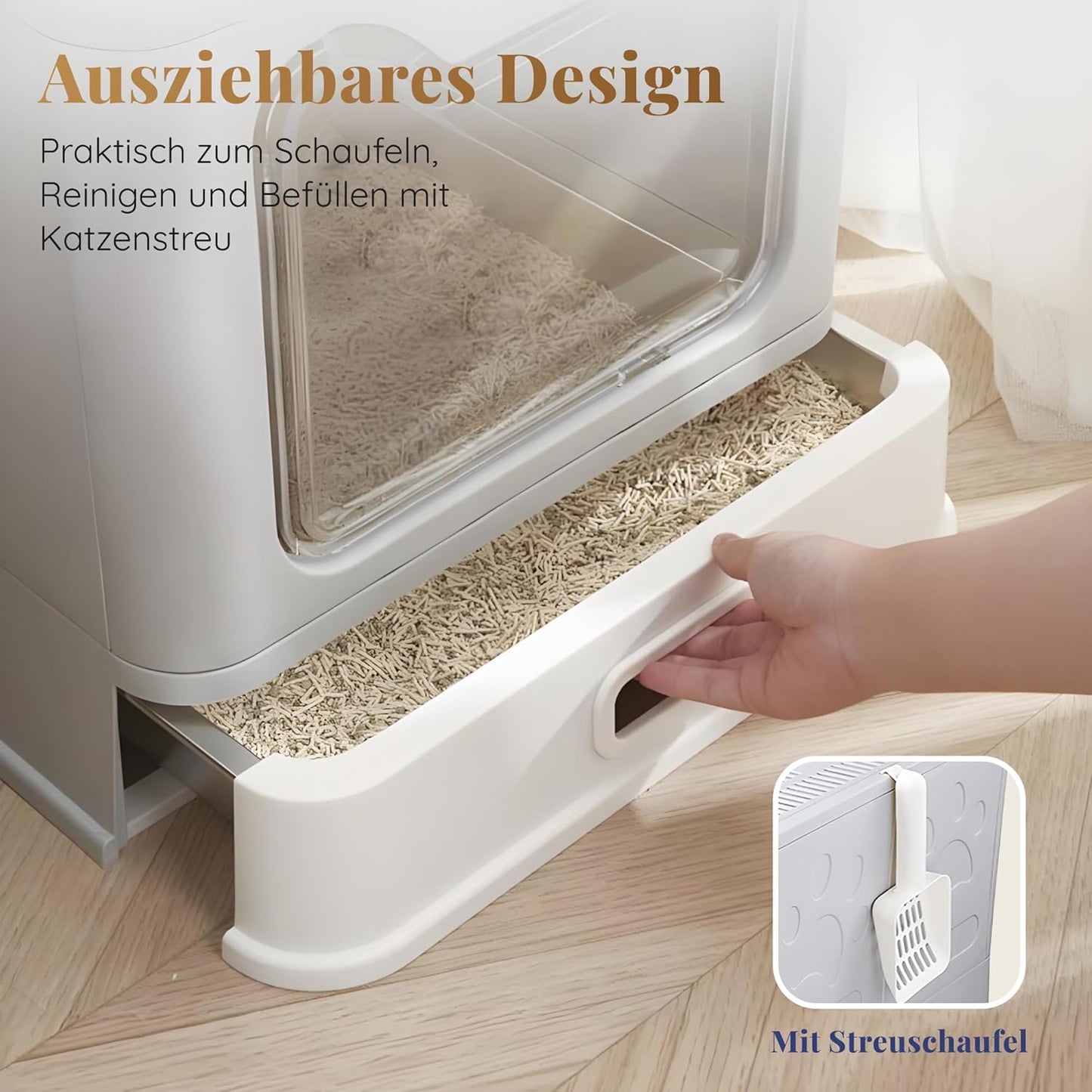 Katzenklo Edelstahl mit Deckel – Faltbare Geschlossene Katzentoilette mit Schublade – Geruchsfrei, Auslaufsicher & Leicht zu Reinigen – Doppelter Eingang/Ausgang – Mit Schaufel (38,3×51×41 cm) – Grau