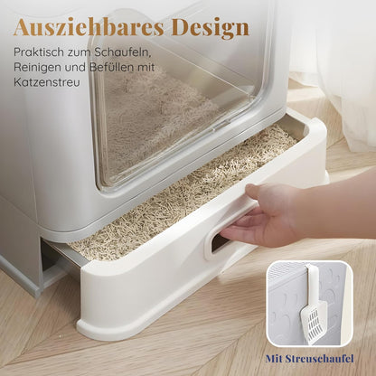 Katzenklo Edelstahl mit Deckel – Faltbare Geschlossene Katzentoilette mit Schublade – Geruchsfrei, Auslaufsicher & Leicht zu Reinigen – Doppelter Eingang/Ausgang – Mit Schaufel (38,3×51×41 cm) – Grau