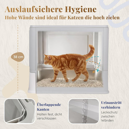 Katzenklo Edelstahl mit Deckel – Faltbare Geschlossene Katzentoilette mit Schublade – Geruchsfrei, Auslaufsicher & Leicht zu Reinigen – Doppelter Eingang/Ausgang – Mit Schaufel (38,3×51×41 cm) – Grau