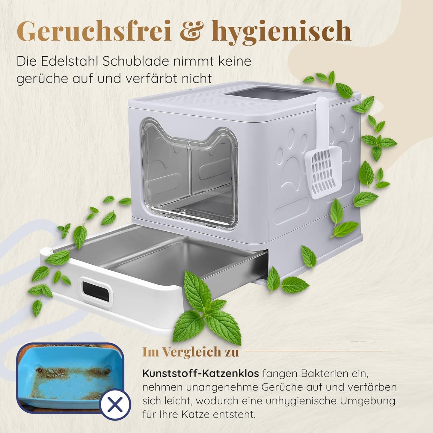 Katzenklo Edelstahl mit Deckel – Faltbare Geschlossene Katzentoilette mit Schublade – Geruchsfrei, Auslaufsicher & Leicht zu Reinigen – Doppelter Eingang/Ausgang – Mit Schaufel (38,3×51×41 cm) – Grau