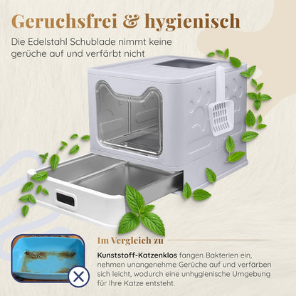 Katzenklo Edelstahl mit Deckel – Faltbare Geschlossene Katzentoilette mit Schublade – Geruchsfrei, Auslaufsicher & Leicht zu Reinigen – Doppelter Eingang/Ausgang – Mit Schaufel (38,3×51×41 cm) – Grau