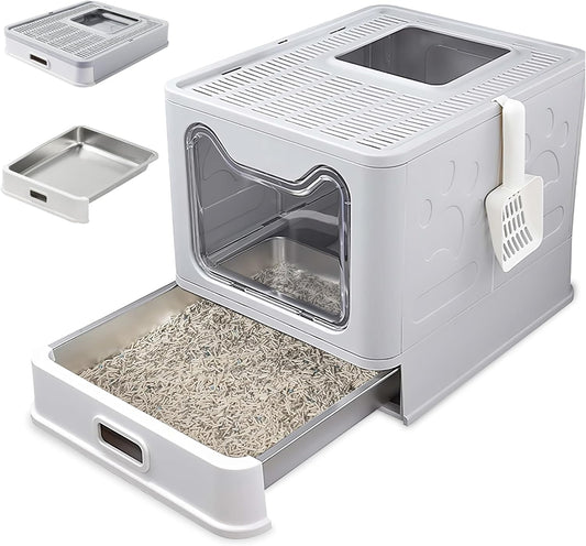 Katzenklo Edelstahl mit Deckel – Faltbare Geschlossene Katzentoilette mit Schublade – Geruchsfrei, Auslaufsicher & Leicht zu Reinigen – Doppelter Eingang/Ausgang – Mit Schaufel (38,3×51×41 cm) – Grau