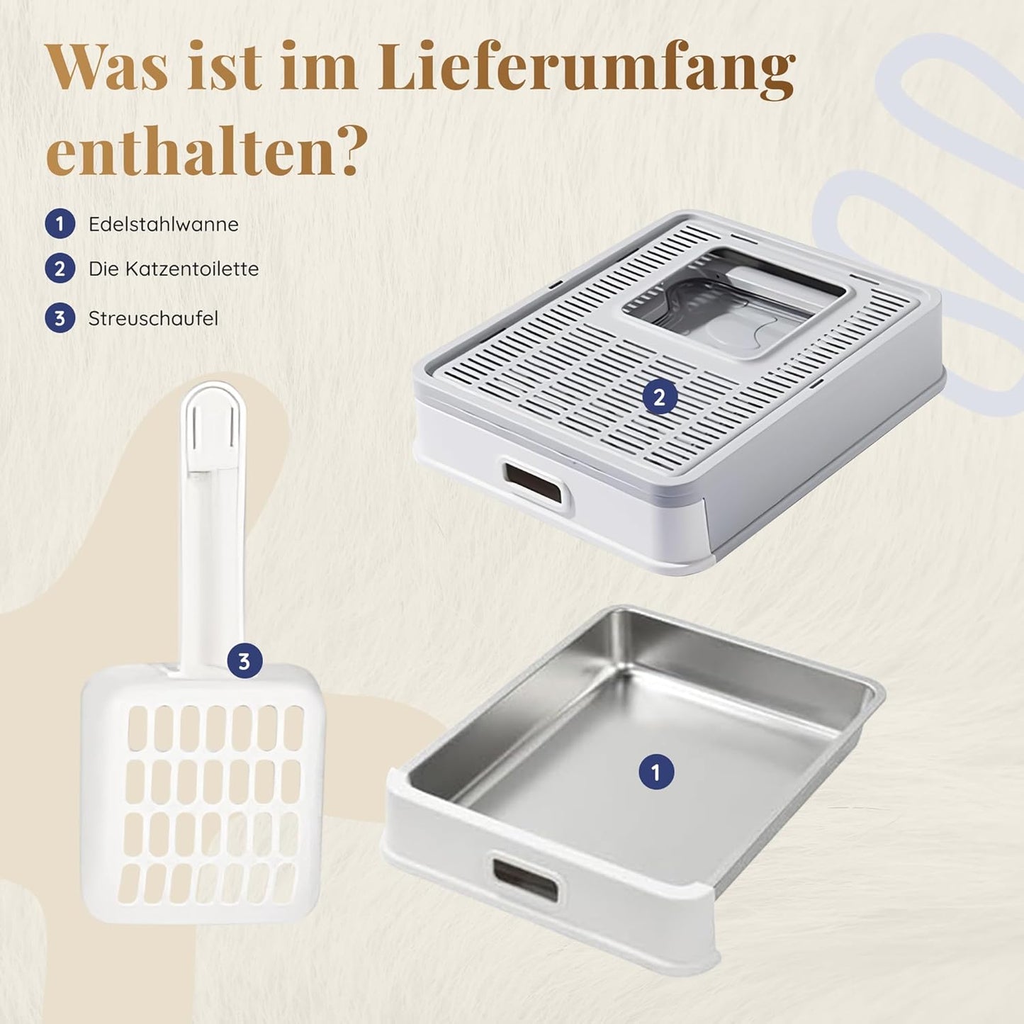 Katzenklo Edelstahl mit Deckel – Faltbare Geschlossene Katzentoilette mit Schublade – Geruchsfrei, Auslaufsicher & Leicht zu Reinigen – Doppelter Eingang/Ausgang – Mit Schaufel (38,3×51×41 cm) – Grau