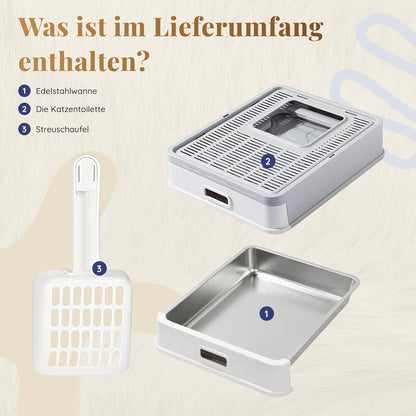 Katzenklo Edelstahl mit Deckel – Faltbare Geschlossene Katzentoilette mit Schublade – Geruchsfrei, Auslaufsicher & Leicht zu Reinigen – Doppelter Eingang/Ausgang – Mit Schaufel (38,3×51×41 cm) – Grau