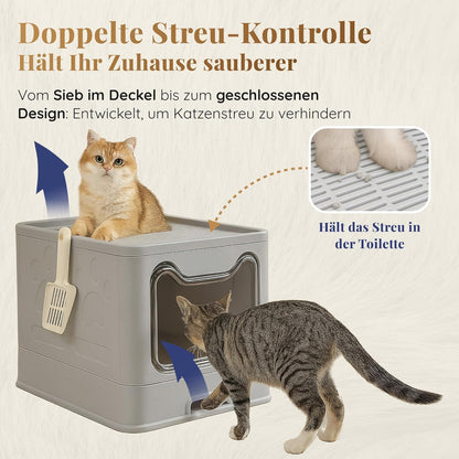 Katzenklo Edelstahl mit Deckel – Faltbare Geschlossene Katzentoilette mit Schublade – Geruchsfrei, Auslaufsicher & Leicht zu Reinigen – Doppelter Eingang/Ausgang – Mit Schaufel (38,3×51×41 cm) – Grau