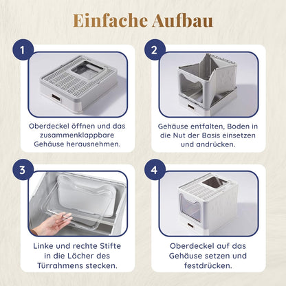Katzenklo Edelstahl mit Deckel – Faltbare Geschlossene Katzentoilette mit Schublade – Geruchsfrei, Auslaufsicher & Leicht zu Reinigen – Doppelter Eingang/Ausgang – Mit Schaufel (38,3×51×41 cm) – Grau