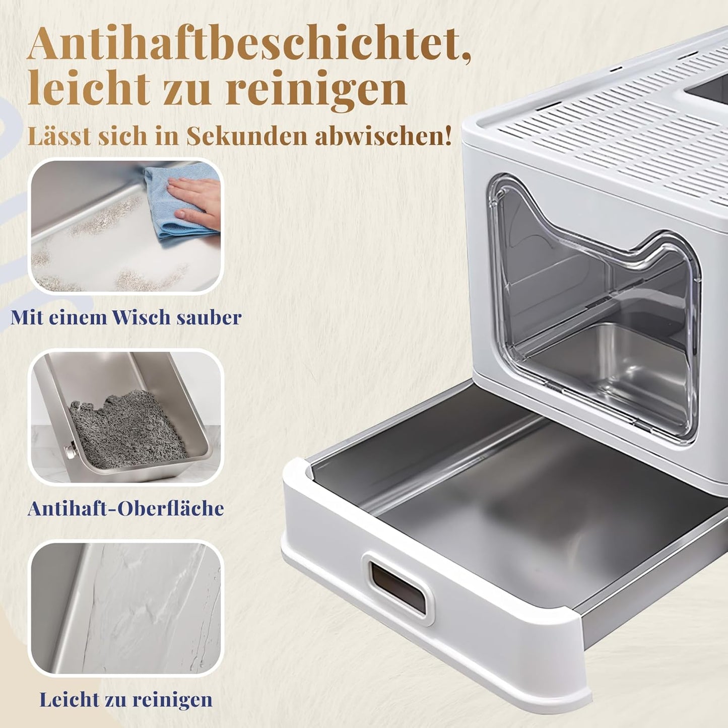 Katzenklo Edelstahl mit Deckel – Faltbare Geschlossene Katzentoilette mit Schublade – Geruchsfrei, Auslaufsicher & Leicht zu Reinigen – Doppelter Eingang/Ausgang – Mit Schaufel (38,3×51×41 cm) – Grau