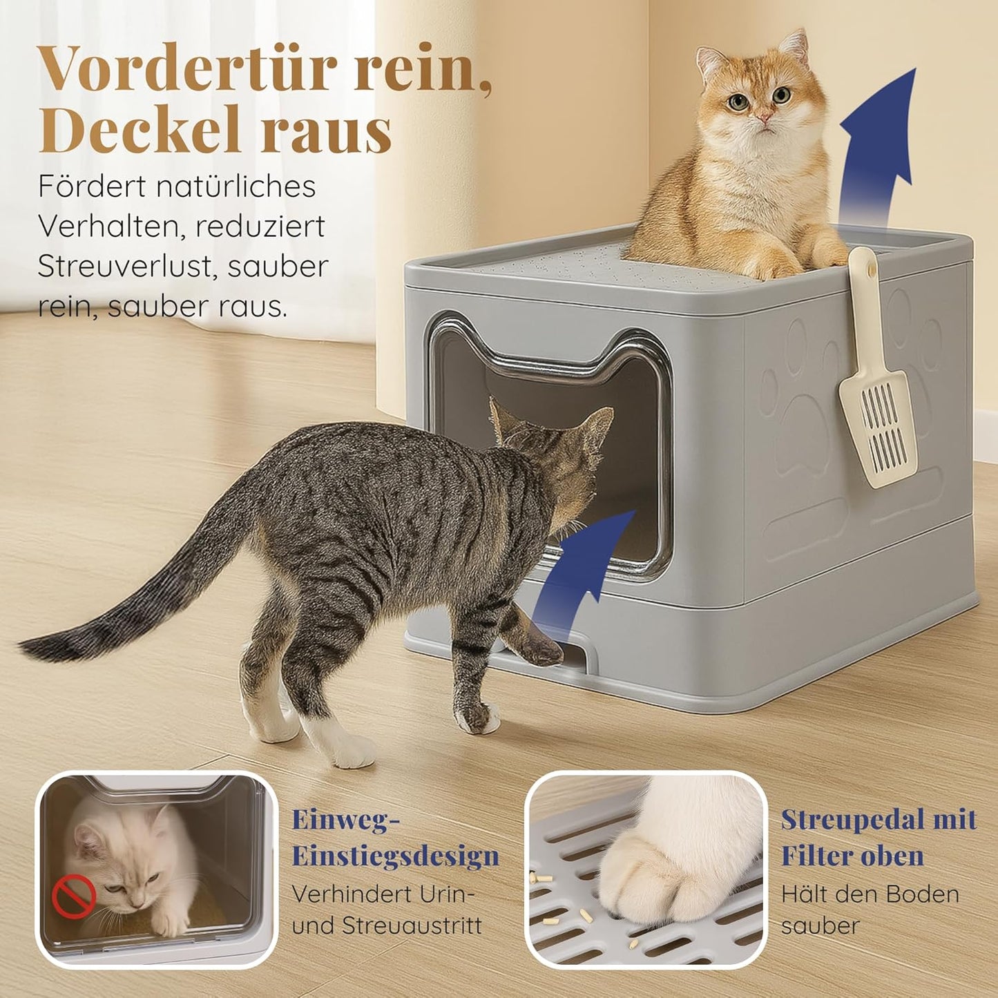 Katzenklo Edelstahl mit Deckel – Faltbare Geschlossene Katzentoilette mit Schublade – Geruchsfrei, Auslaufsicher & Leicht zu Reinigen – Doppelter Eingang/Ausgang – Mit Schaufel (38,3×51×41 cm) – Grau