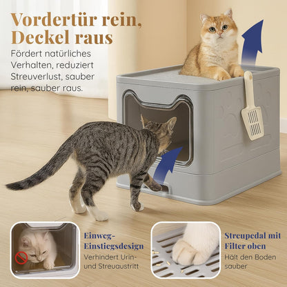 Katzenklo Edelstahl mit Deckel – Faltbare Geschlossene Katzentoilette mit Schublade – Geruchsfrei, Auslaufsicher & Leicht zu Reinigen – Doppelter Eingang/Ausgang – Mit Schaufel (38,3×51×41 cm) – Grau