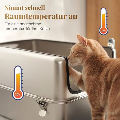 Katzenklo Edelstahl XXL – Leicht zu Reinigen, Geruchsresistent – Katzentoilette Edelstahl mit hohem Rand – 38L Fassungsvermögen – Auslaufsicher und Antihaftbeschichtet – Mit Schaufel & Matte