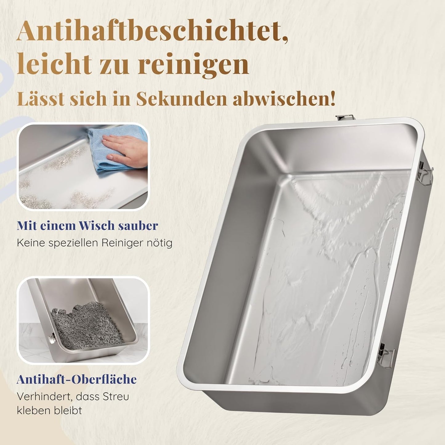 Katzenklo Edelstahl XXL – Leicht zu Reinigen, Geruchsresistent – Katzentoilette Edelstahl mit hohem Rand – 38L Fassungsvermögen – Auslaufsicher und Antihaftbeschichtet – Mit Schaufel & Matte