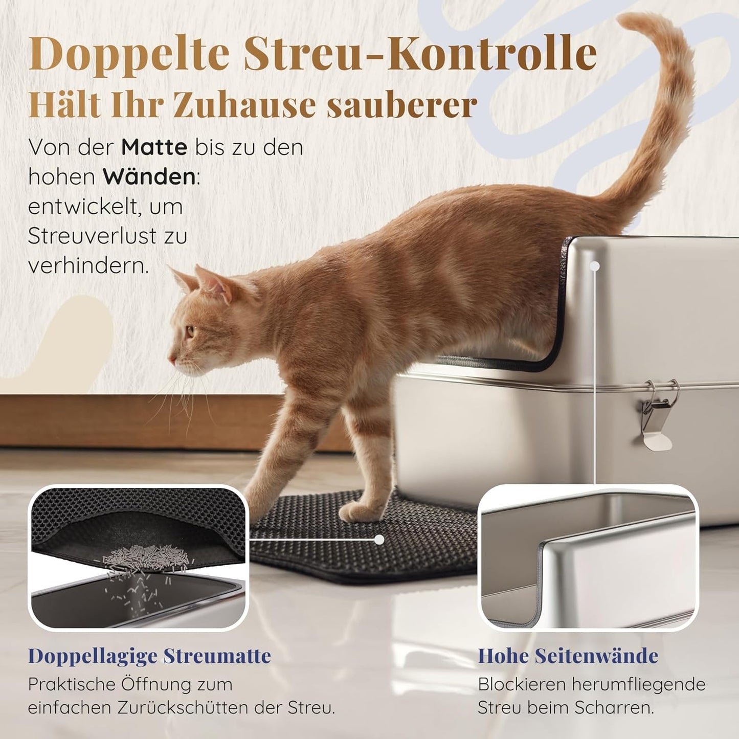 Katzenklo Edelstahl XXL – Leicht zu Reinigen, Geruchsresistent – Katzentoilette Edelstahl mit hohem Rand – 38L Fassungsvermögen – Auslaufsicher und Antihaftbeschichtet – Mit Schaufel & Matte