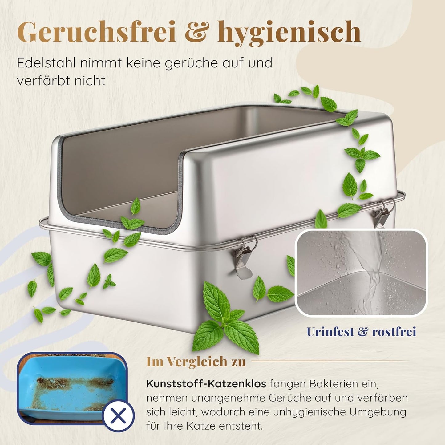 Katzenklo Edelstahl XXL – Leicht zu Reinigen, Geruchsresistent – Katzentoilette Edelstahl mit hohem Rand – 38L Fassungsvermögen – Auslaufsicher und Antihaftbeschichtet – Mit Schaufel & Matte