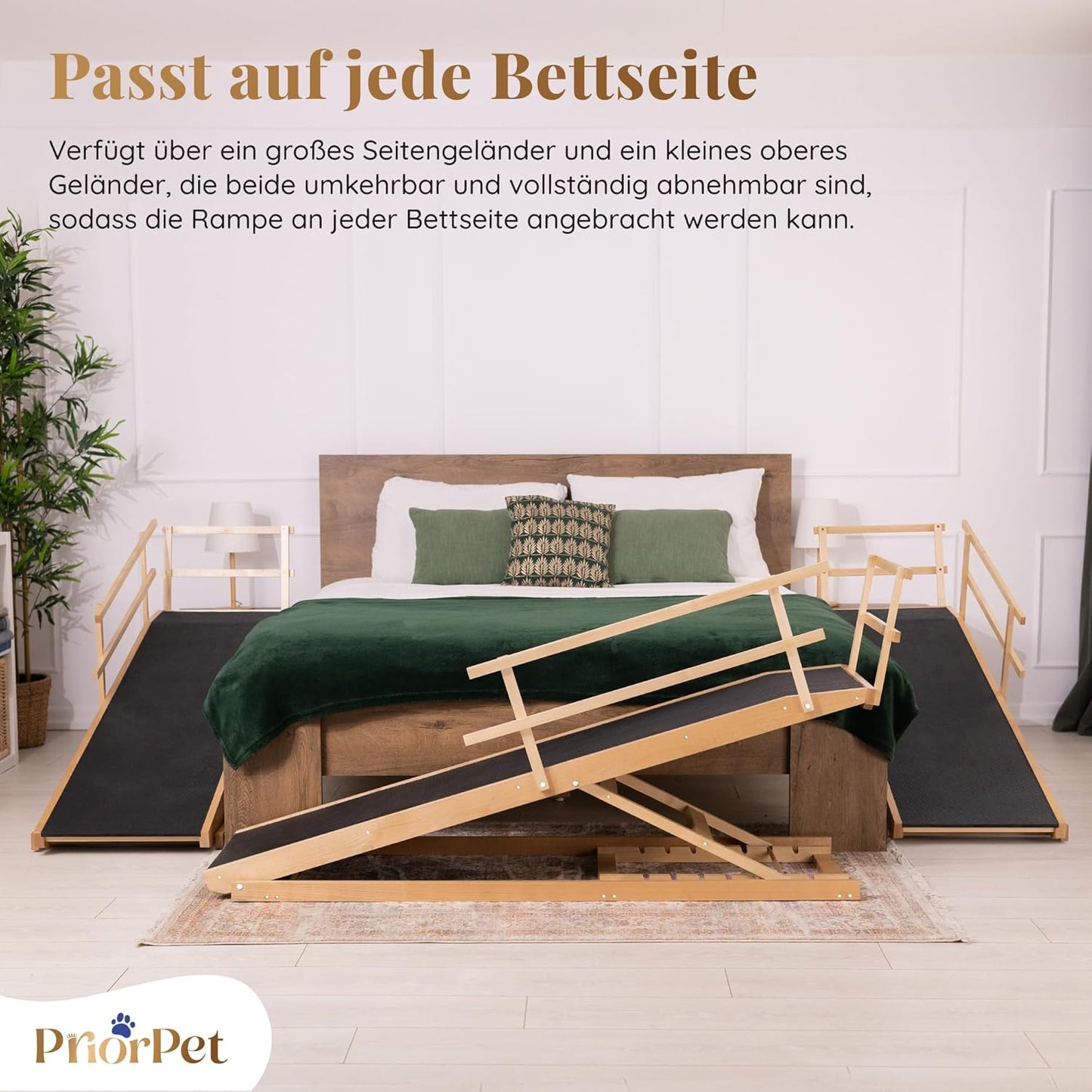 Hunderampe Bett mit Sicherheitsgeländer - Für Große Hunde bis zu 90 kg - Höhenverstellbare hundetreppe für Betten bis zu 94.5cm - Breite 49,5 cm - Klappbar - Anti-Rutsch-Griff - Birkenholz