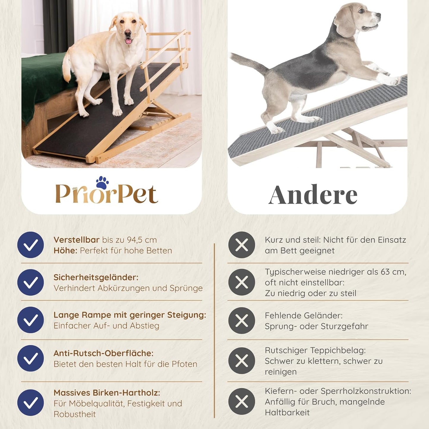 Hunderampe Bett mit Sicherheitsgeländer - Für Große Hunde bis zu 90 kg - Höhenverstellbare hundetreppe für Betten bis zu 94.5cm - Breite 49,5 cm - Klappbar - Anti-Rutsch-Griff - Birkenholz