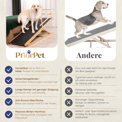 Hunderampe Bett mit Sicherheitsgeländer - Für Große Hunde bis zu 90 kg - Höhenverstellbare hundetreppe für Betten bis zu 94.5cm - Breite 49,5 cm - Klappbar - Anti-Rutsch-Griff - Birkenholz