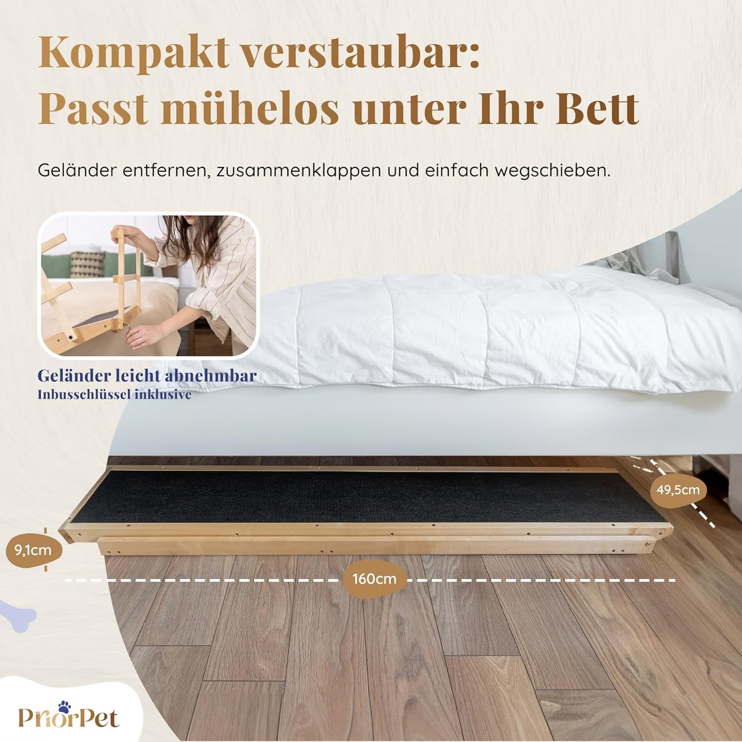 Hunderampe Bett mit Sicherheitsgeländer - Für Große Hunde bis zu 90 kg - Höhenverstellbare hundetreppe für Betten bis zu 94.5cm - Breite 49,5 cm - Klappbar - Anti-Rutsch-Griff - Birkenholz