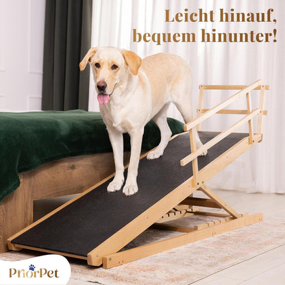 Hunderampe Bett mit Sicherheitsgeländer - Für Große Hunde bis zu 90 kg - Höhenverstellbare hundetreppe für Betten bis zu 94.5cm - Breite 49,5 cm - Klappbar - Anti-Rutsch-Griff - Birkenholz