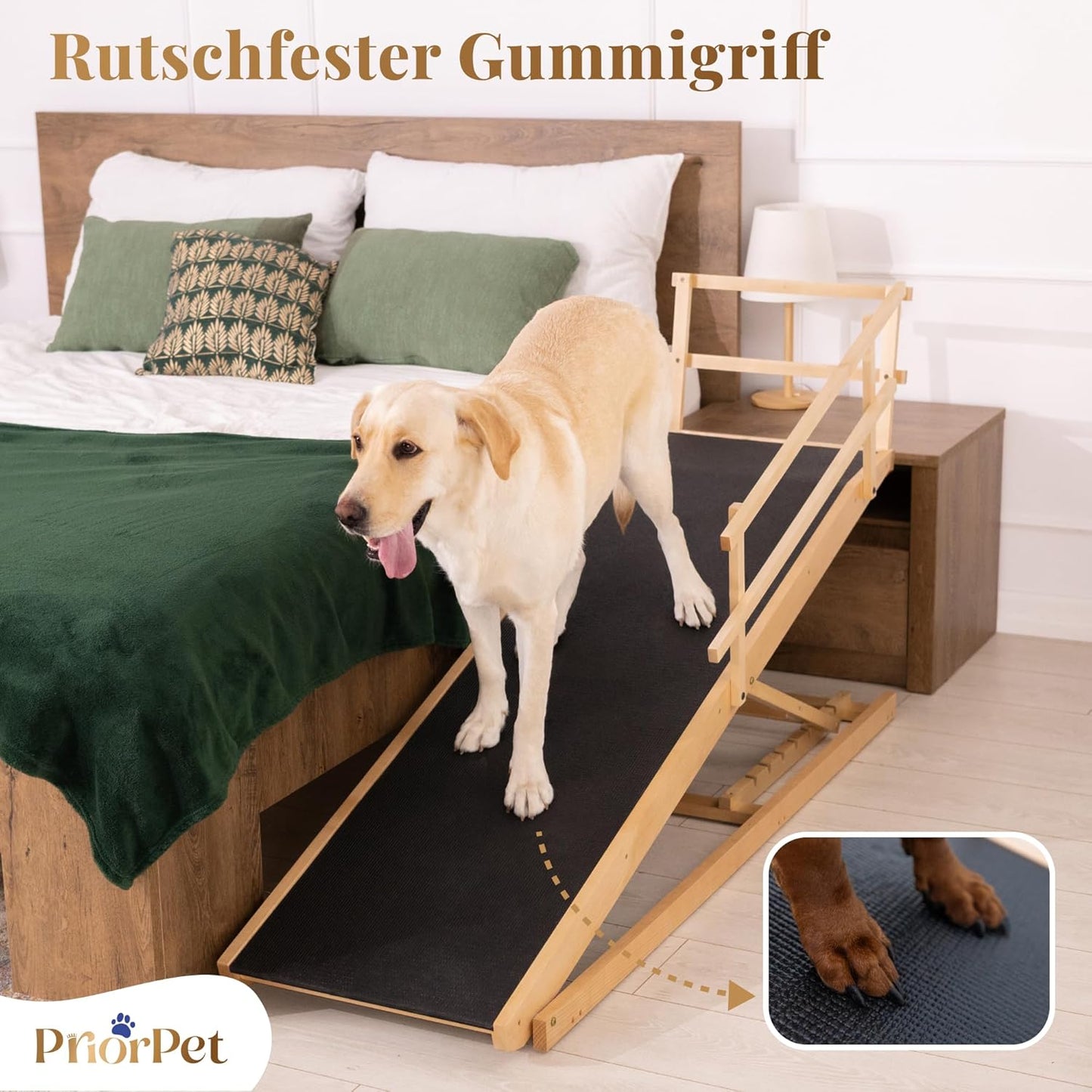 Hunderampe Bett mit Sicherheitsgeländer - Für Große Hunde bis zu 90 kg - Höhenverstellbare hundetreppe für Betten bis zu 94.5cm - Breite 49,5 cm - Klappbar - Anti-Rutsch-Griff - Birkenholz