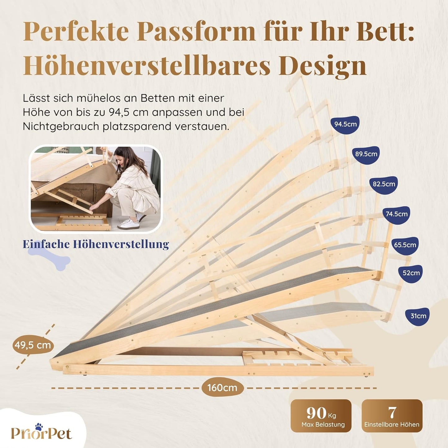 Hunderampe Bett mit Sicherheitsgeländer - Für Große Hunde bis zu 90 kg - Höhenverstellbare hundetreppe für Betten bis zu 94.5cm - Breite 49,5 cm - Klappbar - Anti-Rutsch-Griff - Birkenholz