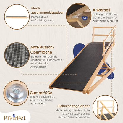 Hunderampe Bett mit Sicherheitsgeländer - Für Große Hunde bis zu 90 kg - Höhenverstellbare hundetreppe für Betten bis zu 94.5cm - Breite 49,5 cm - Klappbar - Anti-Rutsch-Griff - Birkenholz