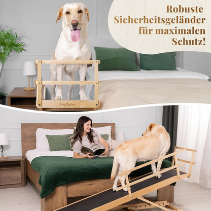 Hunderampe Bett mit Sicherheitsgeländer - Für Große Hunde bis zu 90 kg - Höhenverstellbare hundetreppe für Betten bis zu 94.5cm - Breite 49,5 cm - Klappbar - Anti-Rutsch-Griff - Birkenholz