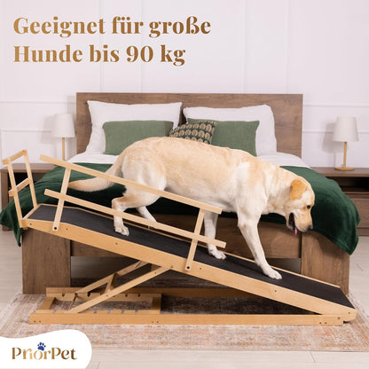 Hunderampe Bett mit Sicherheitsgeländer - Für Große Hunde bis zu 90 kg - Höhenverstellbare hundetreppe für Betten bis zu 94.5cm - Breite 49,5 cm - Klappbar - Anti-Rutsch-Griff - Birkenholz